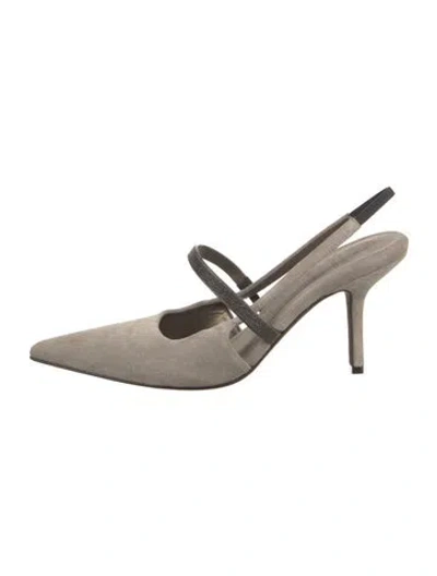 Pre-owned Brunello Cucinelli Monili Suede Slingback Pumps In Grey