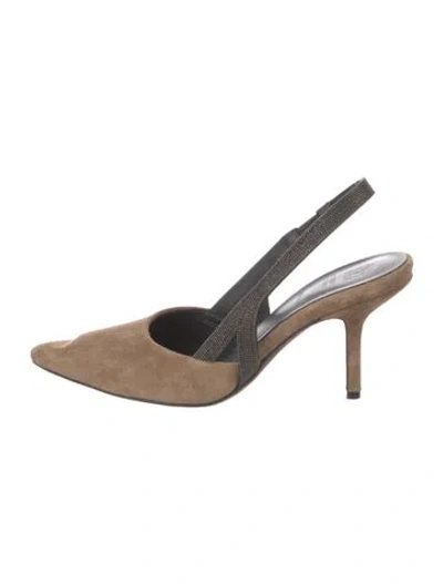 Pre-owned Brunello Cucinelli Monili Suede Slingback Pumps In Neutral