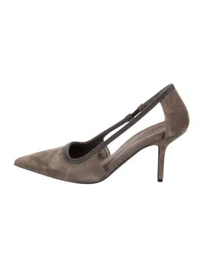 Pre-owned Brunello Cucinelli Monili Suede Slingback Pumps In Neutral