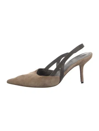 Pre-owned Brunello Cucinelli Monili Suede Slingback Pumps In Neutral