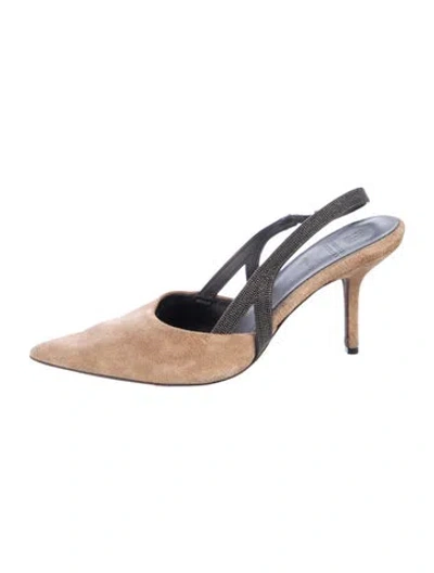 Pre-owned Brunello Cucinelli Monili Suede Slingback Pumps In Neutral