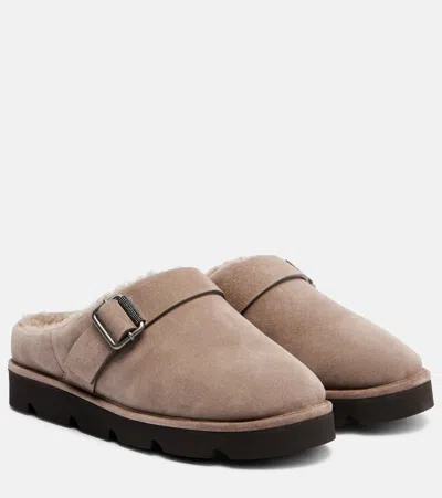 Brunello Cucinelli Monili Suede Slippers In Brown