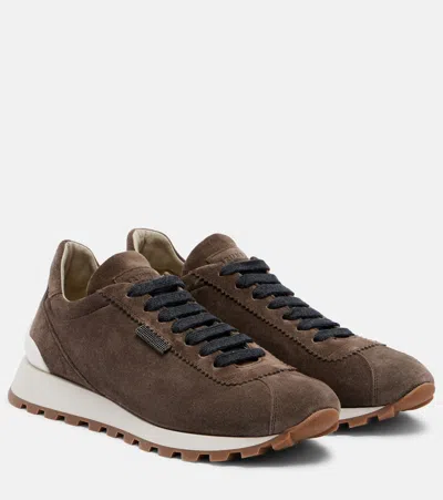 Brunello Cucinelli Monili Suede Sneakers In Brown