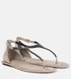 Brunello Cucinelli Monili Suede Flat Thong Sandals In White