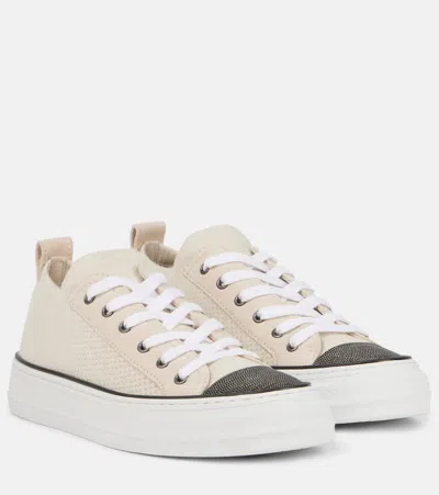 Brunello Cucinelli Monili Suede-trimmed Low-top Sneakers In Avena