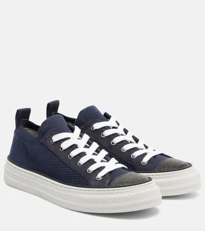 Brunello Cucinelli Bead-embellished Suede-trimmed Stretch-knit Sneakers In Blue