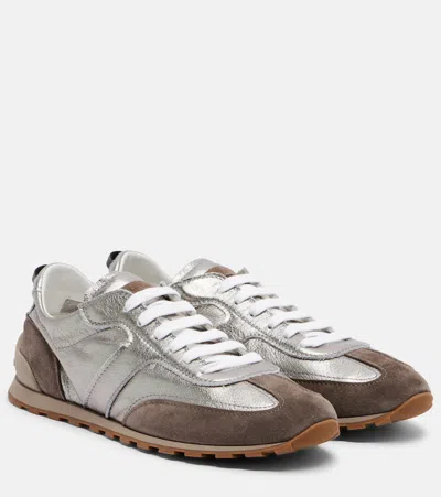 Brunello Cucinelli Monili Suede-trimmed Metallic Leather Sneakers In Gray