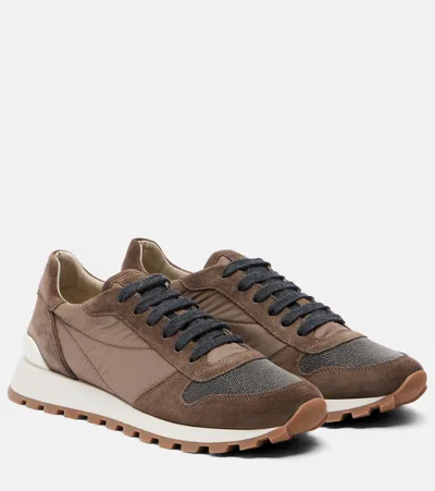 Brunello Cucinelli Monili Mixed Media Runner Sneakers In Brown