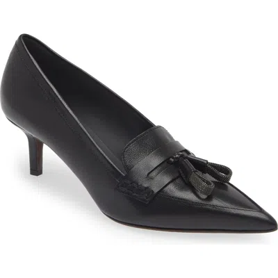 Brunello Cucinelli Monili Tassel Kitten Heel Pump In C101 Nero