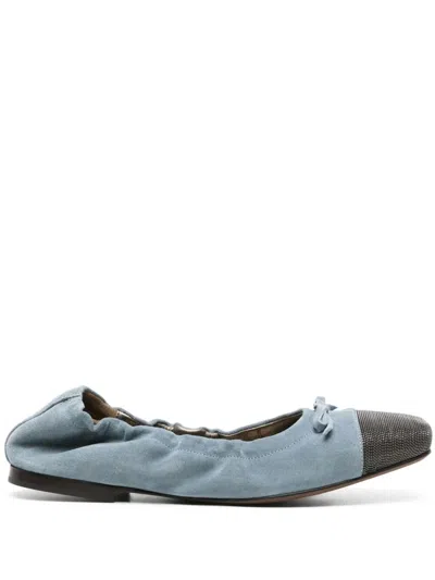 Brunello Cucinelli Suede Monili Cap-toe Ballerina Flats In C9112 Blue