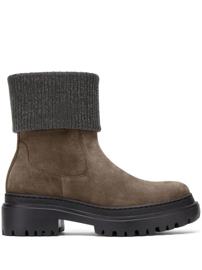 Brunello Cucinelli Monili-trim Block-heel Ankle Boots In Peat