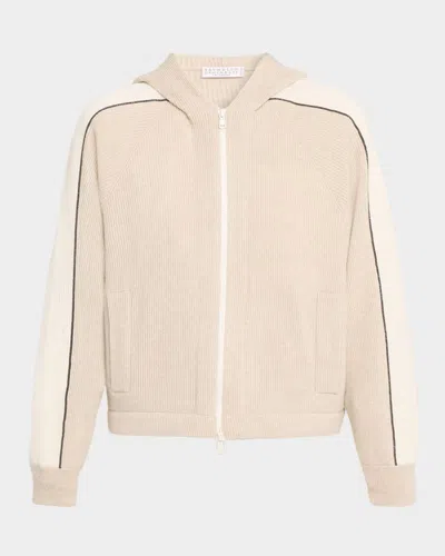 Brunello Cucinelli Monili-trim Cashmere Rib Zip Sport Hoodie In Brown