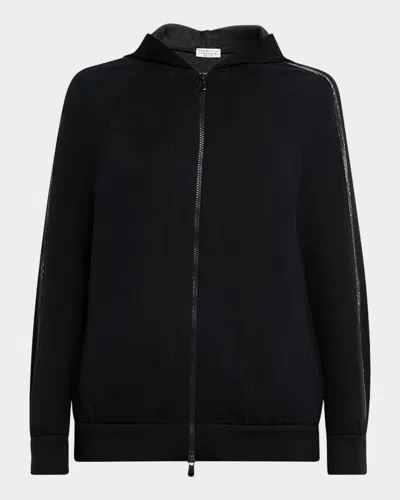 Brunello Cucinelli Monili-trim Cotton-silk Zip Hoodie In Black