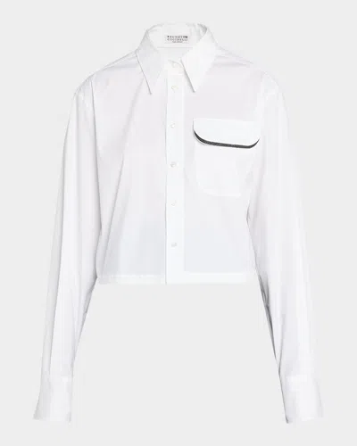 Brunello Cucinelli Monili-trim Crop Cotton Poplin Collared Shirt In White