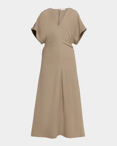 Brunello Cucinelli Monili-trim Fluid Linen Twill Short-sleeve Midi Dress