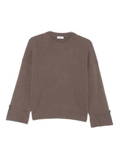 Brunello Cucinelli Monili-trim Ribbed Jumper In Brown