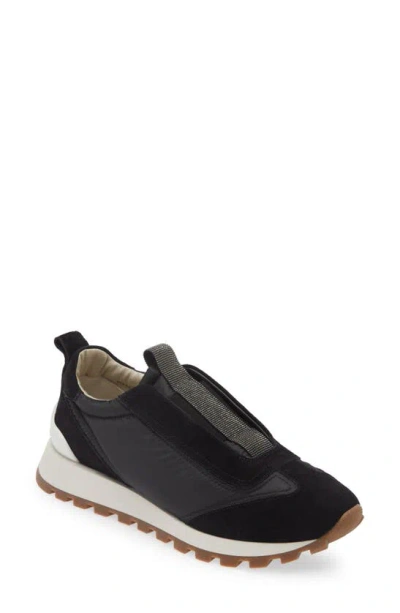 Brunello Cucinelli Runner Shoe In Suede And Taffeta Embellished With Threads Of Brilliant Monili In Black