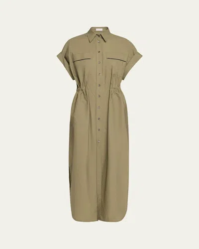 Brunello Cucinelli Monili-trim Short-sleeve Techno Cotton Poplin Midi Shirtdress In Olive