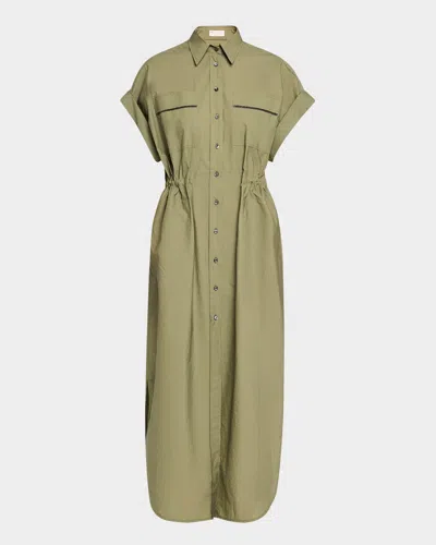 BRUNELLO CUCINELLI MONILI-TRIM SHORT-SLEEVE TECHNO COTTON POPLIN MIDI SHIRTDRESS