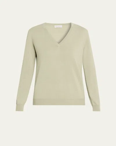 Brunello Cucinelli Monili-trim V-neck Cashmere Sweater In Green