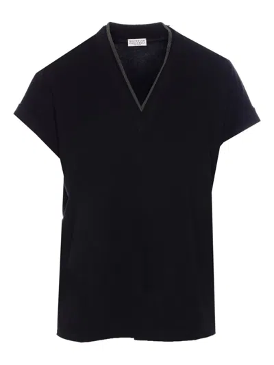 Brunello Cucinelli Monili Trim V-neck Cotton T-shirt In Black