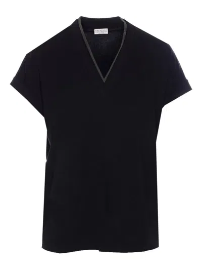 Brunello Cucinelli Monili Trim V-neck Cotton T-shirt Clothing In Black