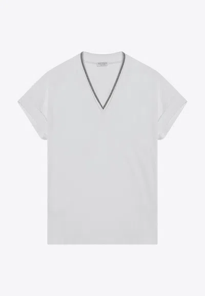 Brunello Cucinelli Monili Trimmed V-neck T-shirt In White