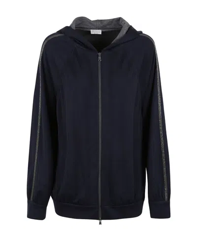 Brunello Cucinelli Monili-trimmed Zipped Hoodie In Blue