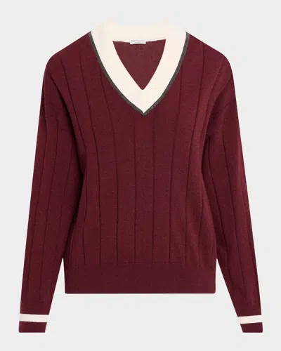 Brunello Cucinelli Monili V-neck Cashmere Rib Knit Sweater