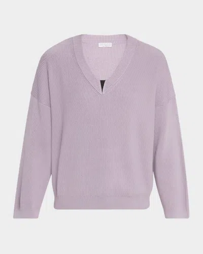 Brunello Cucinelli Monili V-neck Cotton Rib Sweater In C9101 Purple Ash