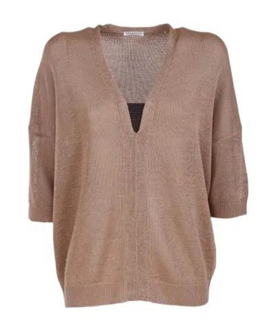 Brunello Cucinelli Monili V-neck Knit Top In Brown