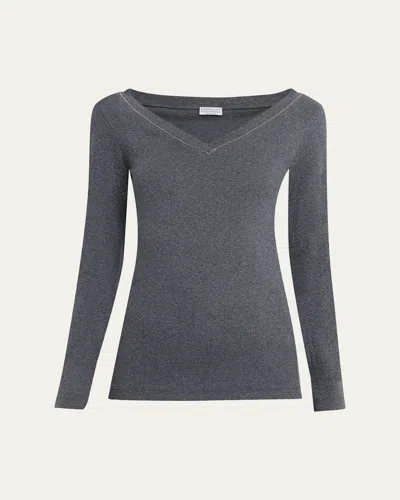 Brunello Cucinelli Monili V-neck Long-sleeve Cotton Rib Top In Gray