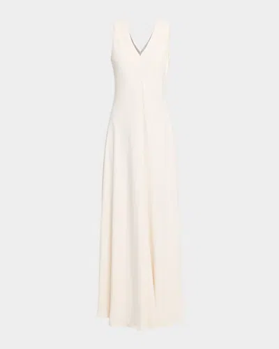 Brunello Cucinelli Monili V-neck Sleeveless Crepe Cady Maxi Dress In White