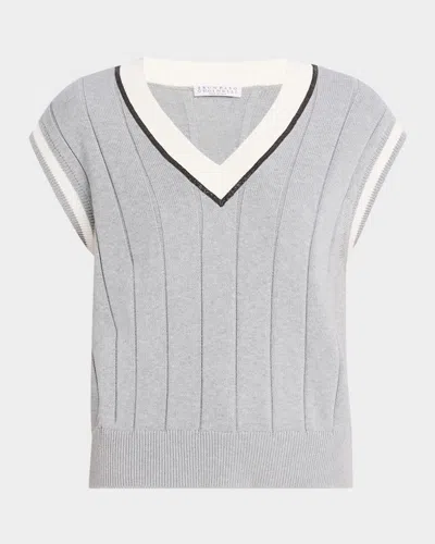 Brunello Cucinelli Monili V-neck Wide Rib Golf Sport Club Vest In Cp157 Grey