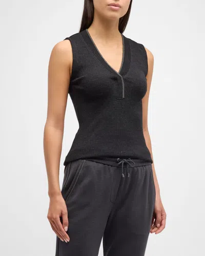 Brunello Cucinelli Monili V-neck Wool Rib Jersey Tank Top In C070 Anthracite