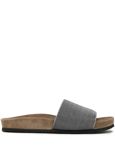 Brunello Cucinelli Monili Vamp Slides In Silver