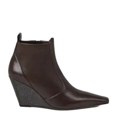 Brunello Cucinelli Monili Wedge Leather Ankle Boots In Brown
