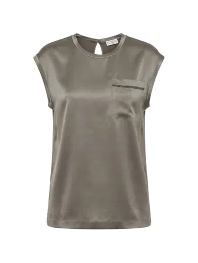 Brunello Cucinelli Monili-chain Pocket Silk Top In Gray