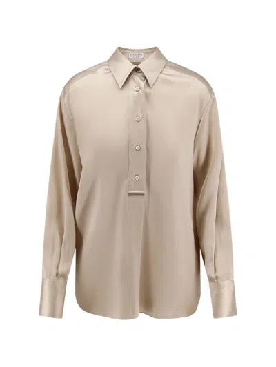 Brunello Cucinelli Monili-chain Satin Shirt In Brown