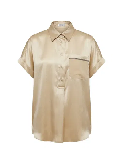 Brunello Cucinelli Monili-chain Short-sleeved Blouse In Brown