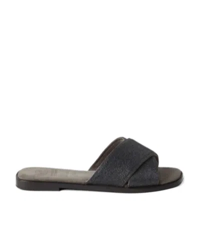 Brunello Cucinelli Monili-detail Crossover-straps Slides In Black