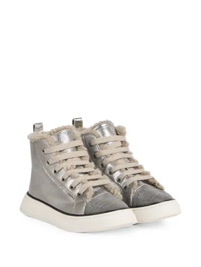 Brunello Cucinelli Kids' Monili-detail Shearling-trim Sneakers In Silver