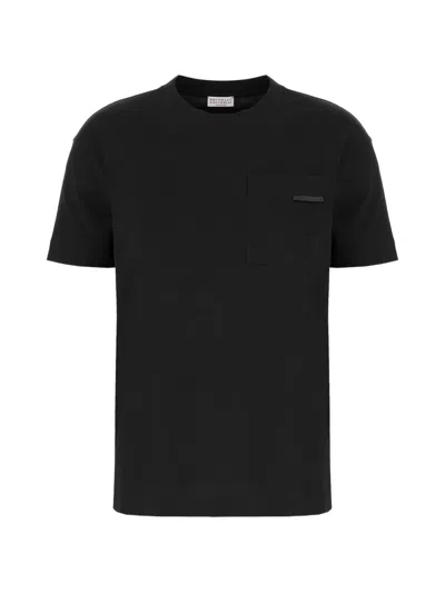 Brunello Cucinelli Crew Neck Cotton T-shirt With Mobile Application In Black