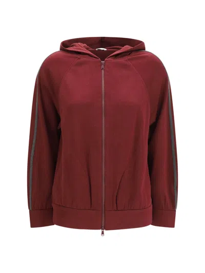 Brunello Cucinelli Monili-embellished Cotton Blend Zip Hoodie In Burgundy