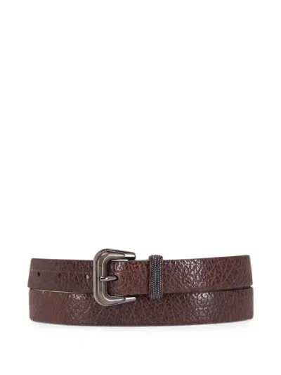 Brunello Cucinelli Monili-embellished Grained Belt In Brown