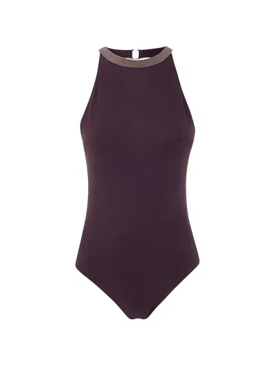 Brunello Cucinelli Monili-embellished Halterneck Swimsuit In Purple