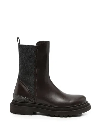 Brunello Cucinelli Monili-embellished Leather Ankle Boots In Brown