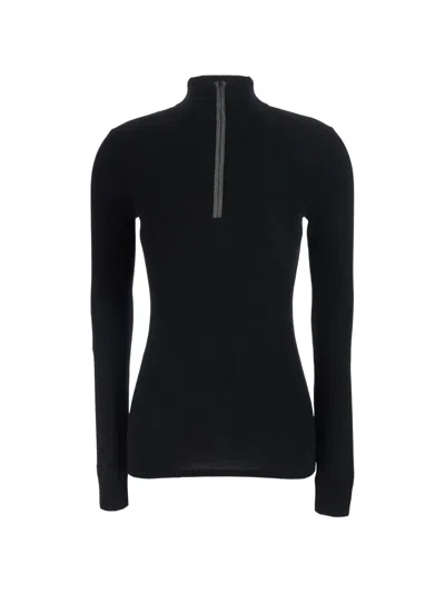 Brunello Cucinelli Monili-embellished Ribbed-knit Sweater In Black