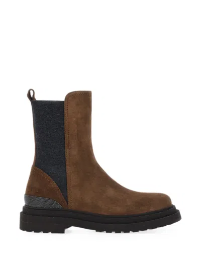 Brunello Cucinelli Suede Ankle Boots Chunky Sole Knit Insert In Multi