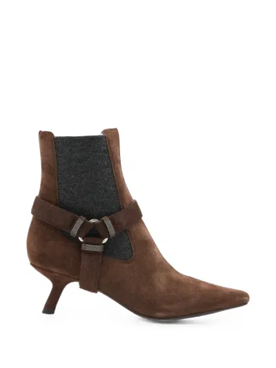 Brunello Cucinelli Monili-embellished Suede Ankle Boots In Brown